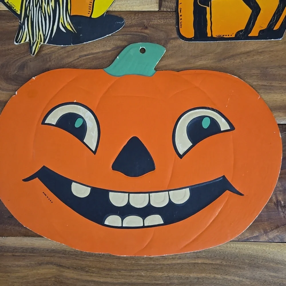 Vintage H.E. Luhrs Die-Cut USA Cardboard Halloween Decor Cat  Witch‎ Pumpkin